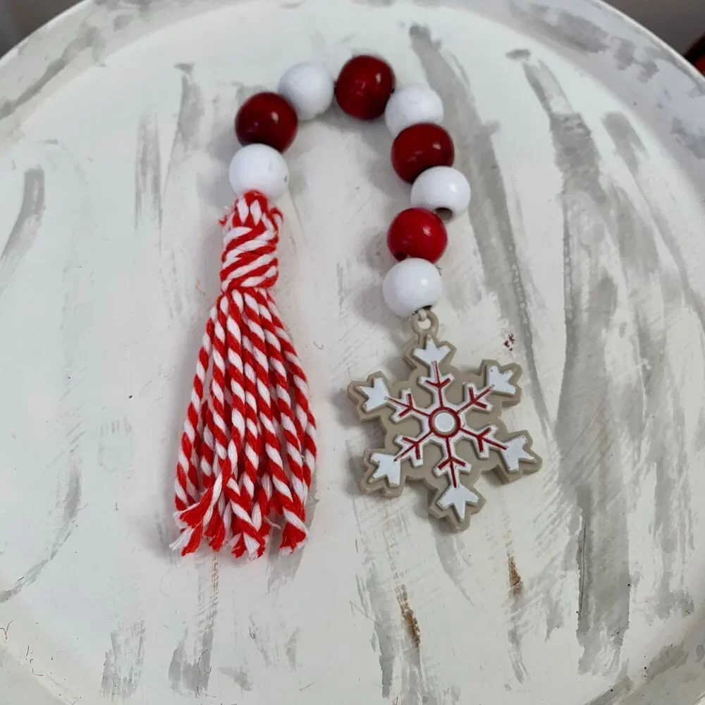 Christmas Bead Garland, Red & White Beads, Snowflake & Tassel Tiered Tray Decor